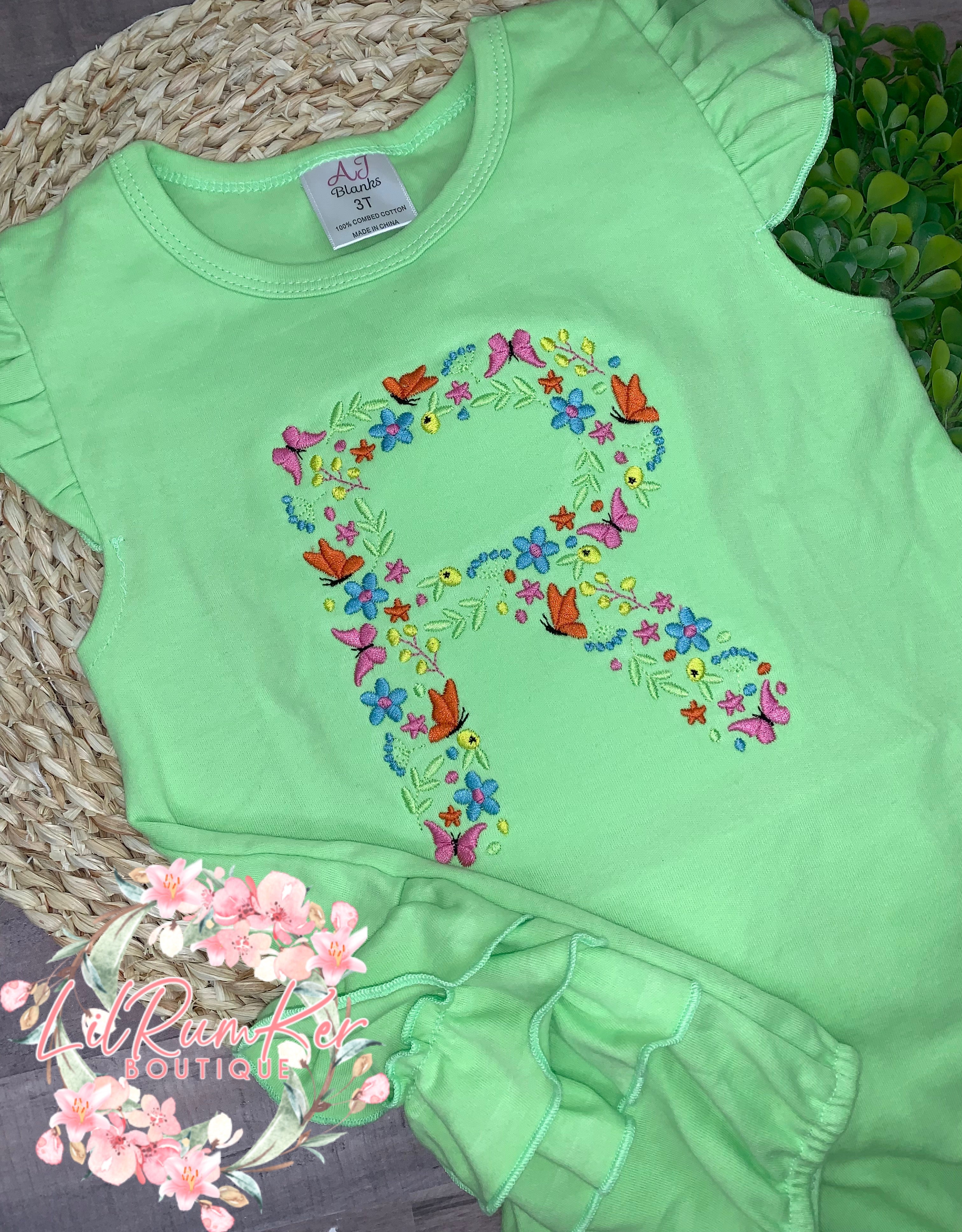 Lime Green Romper with Floral Butterfly letter (Name can be added underneath)