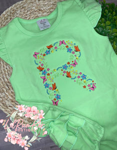 Lime Green Romper with Floral Butterfly letter (Name can be added underneath)