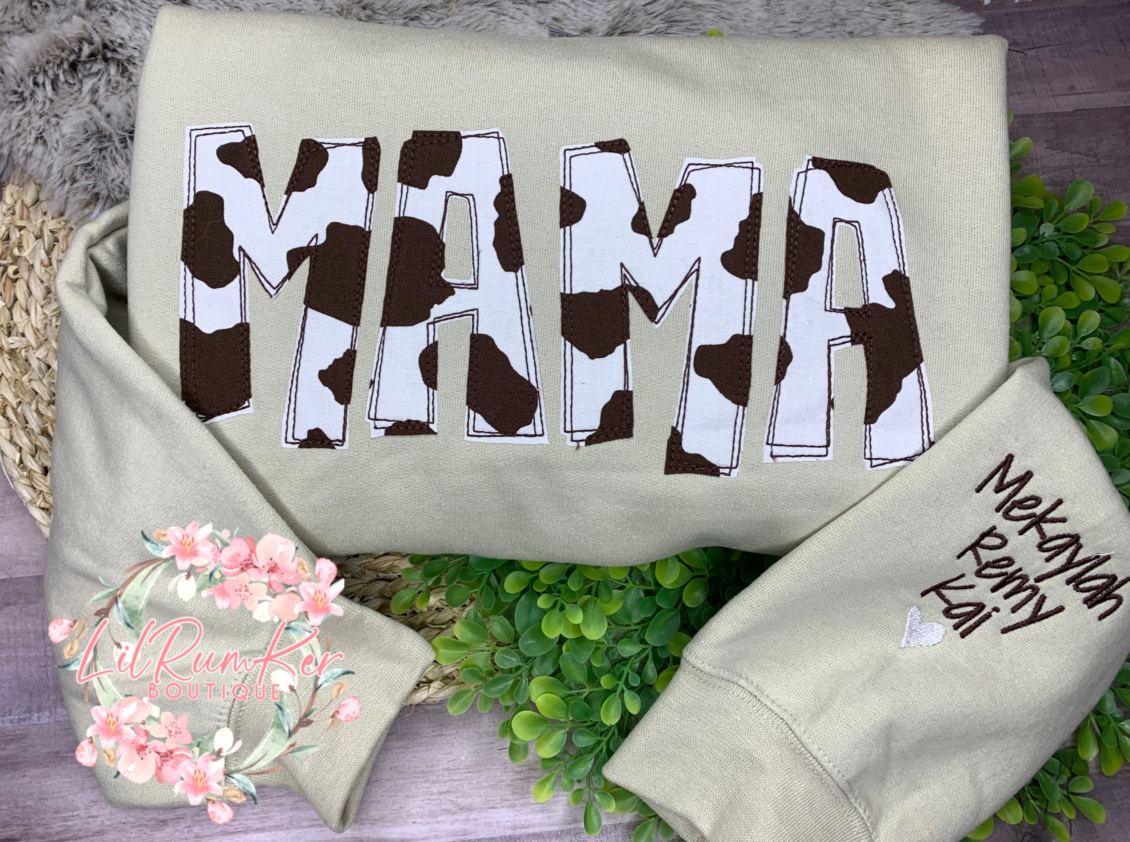 Brown and white cow print on sand sweatshirt with or without names on sleeves